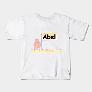 Abel name. Personalized gift for birthday your friend. Cat character holding a banner Kids T-Shirt